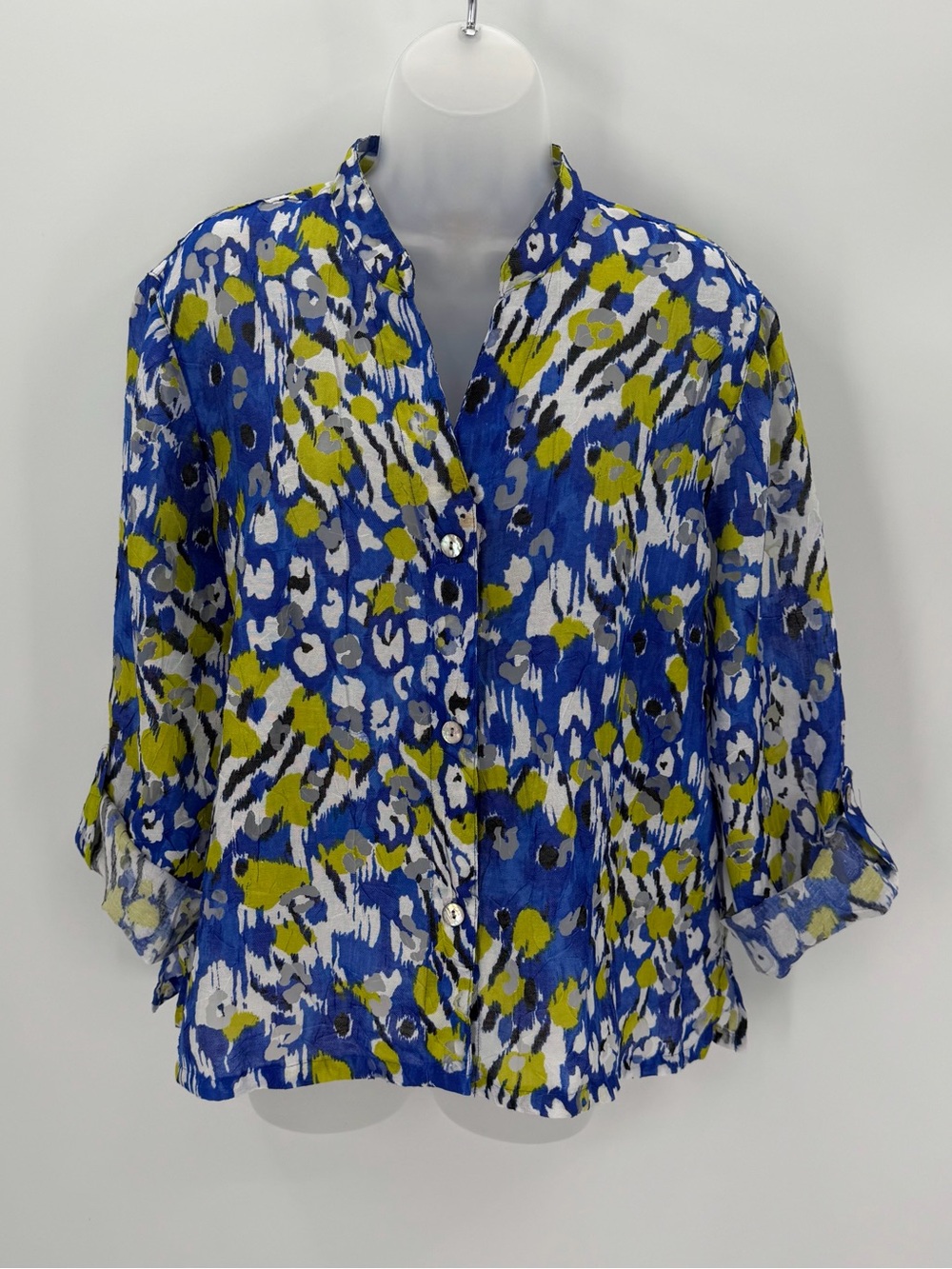 Ruby Rd Blouse Women’s 16P Petite Blue Green Abstract 3/4 Sleeve Button Up Top